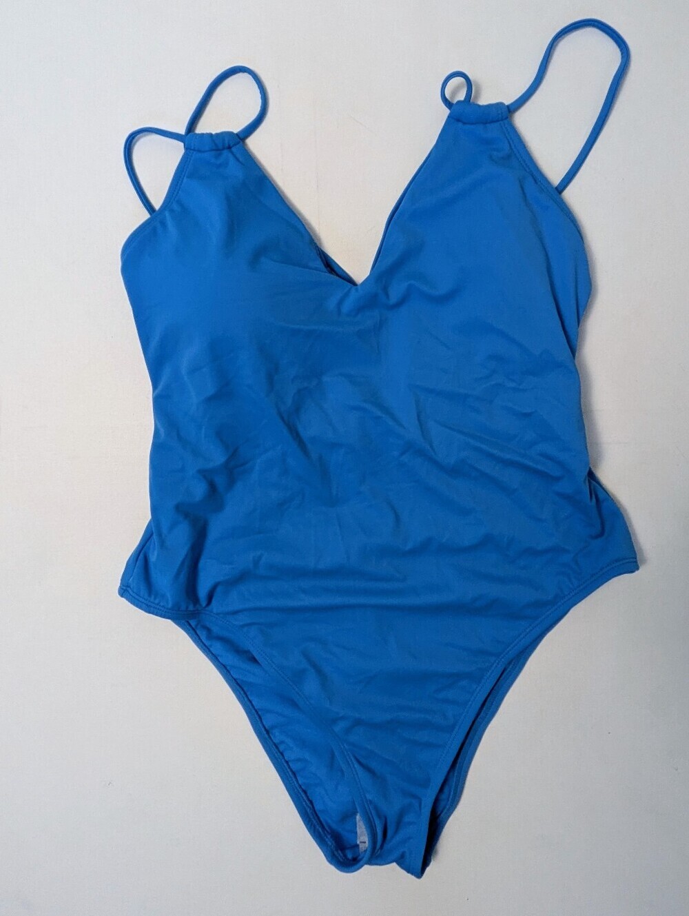 Shade & Shore Women's Blue Tunneled Plunge Swimsuit Sz L Back Straps Beach NWT